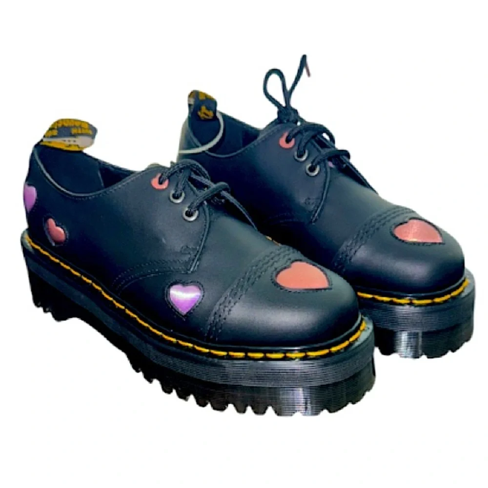 Dr. Martens Black Platform Oxfords with Pink Heart Accents - Picture 2 of 16